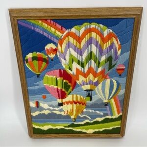 Vintage Framed Crewel Needlework Embroidery HOT AIR BALLOONS Rainbow 16x20